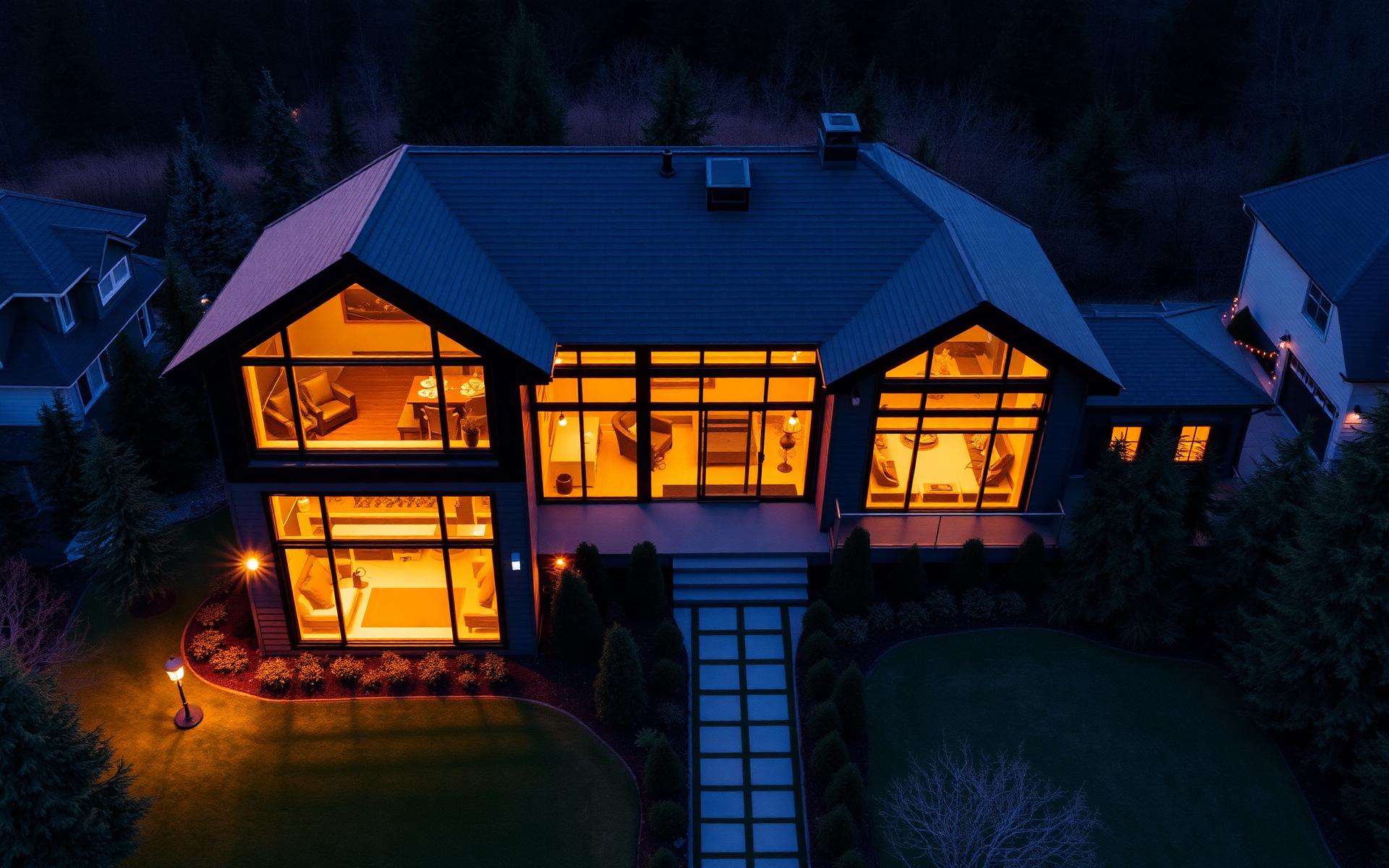 Luxury Canadian home with premium windows glowing at dusk